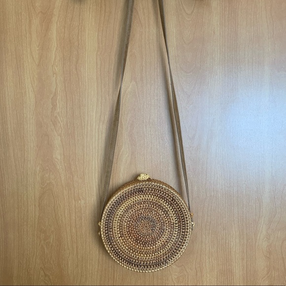 Straw Studios Bags Handwoven Round Rattan Shoulder Bag With Leather